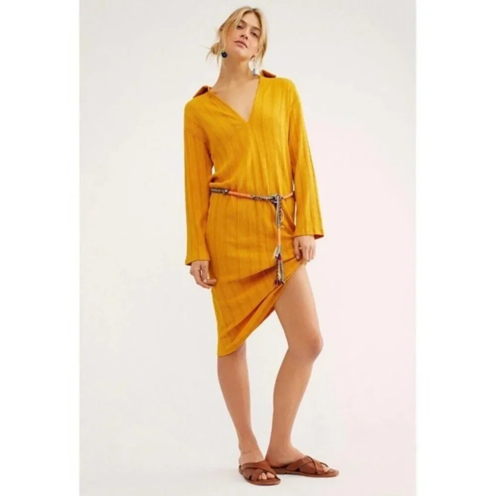 Free People Beach Aster Collar T-Shirt Midi Dress Oversized Golden Yellow‎ S/P